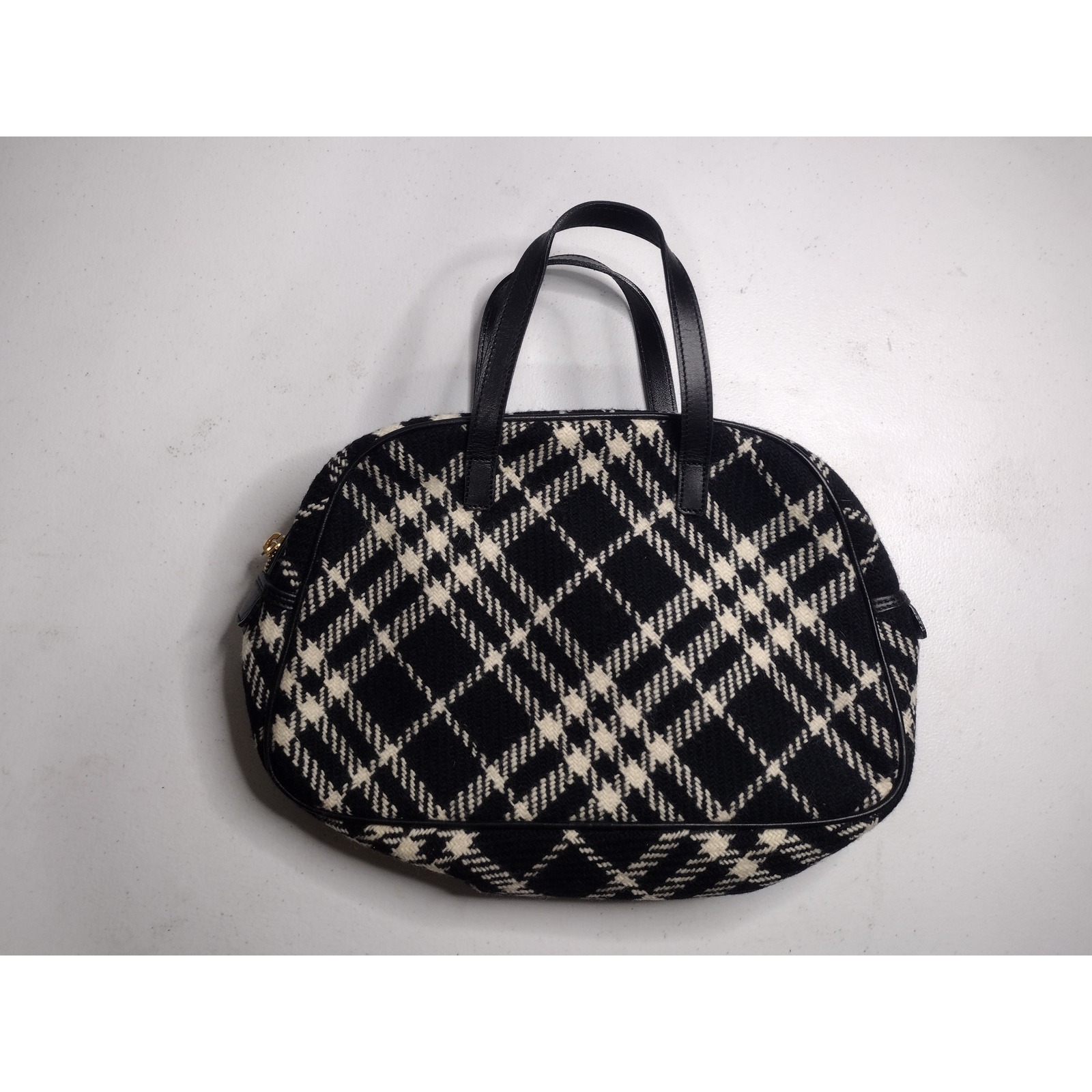 Burberry London Black White Diagonal Plaid Wool Leather Satchel Handbag Italy